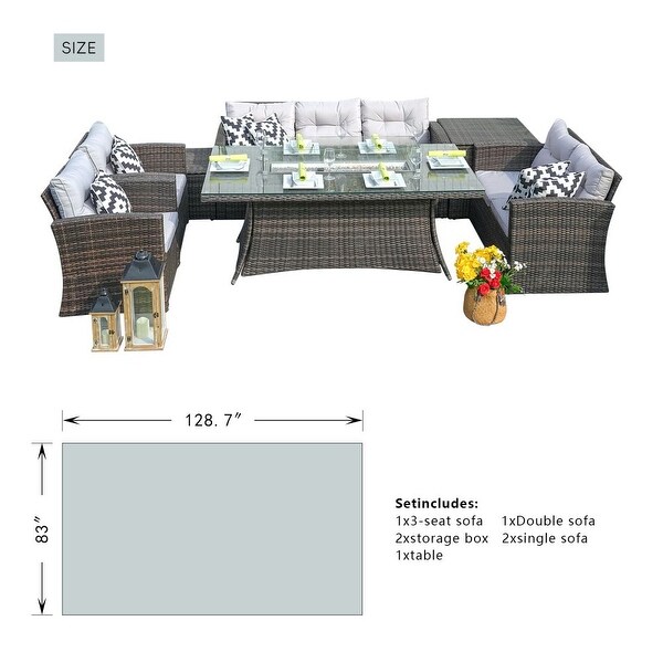 Moda 7piece Patio Outdoor Wicker Sofa Set with Fire Pit Table