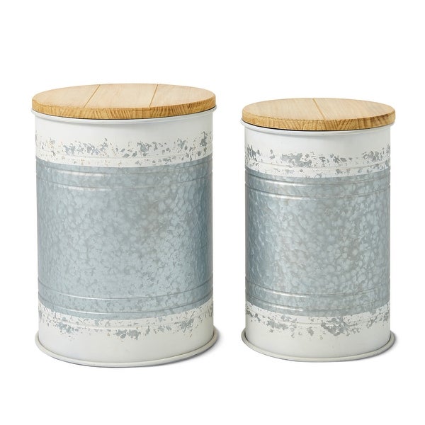 Glitzhome Set of 2 Farmhouse Nesting Galvanized Metal Storage Accent Table or Stool with Wood Lids