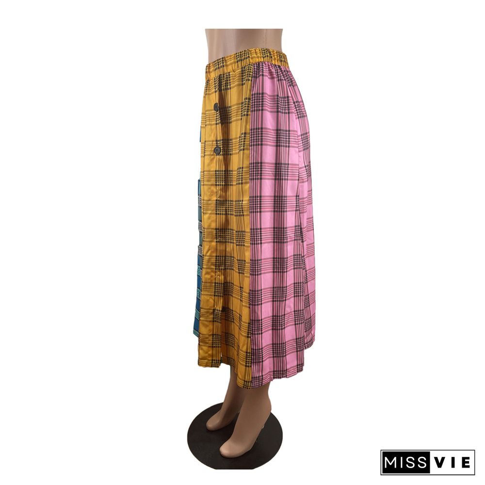 High Waist Plaid Print Patchwork Buttons Design Slit Skirts