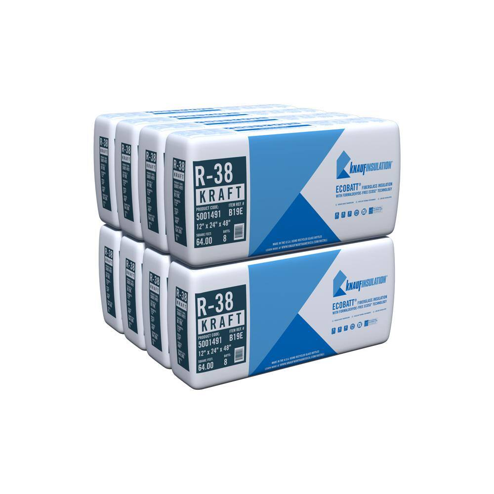 Knauf Insulation R-38 EcoBatt Kraft Faced Fiberglass Insulation Batt 12 in. x 24 in. x 48 in. (8-Bags) 690989