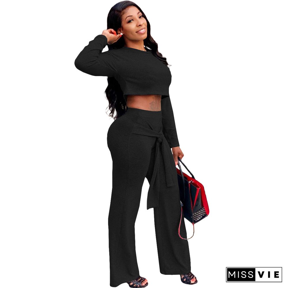 Solid Long Sleeve Crop Top Bandage Straight Pants Set