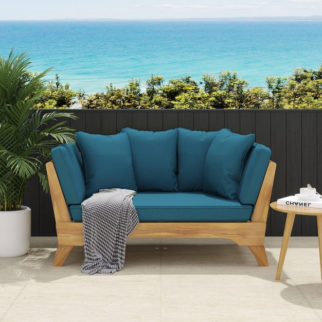 Serene Outdoor Acacia Wood Expandable Daybed With Cushions Teak dark Teal Christopher Knight Home