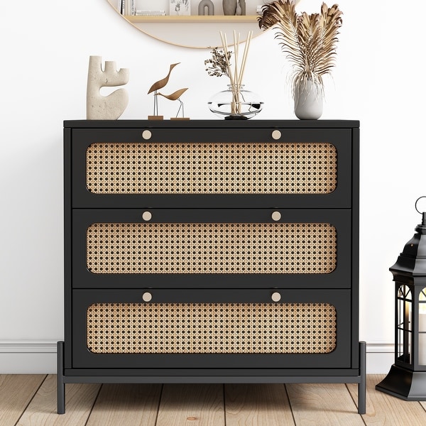 Modern Cannage Rattan Wood Closet 3-Drawer Chest Wood Storage Cabinet Sideboard - - 37970418