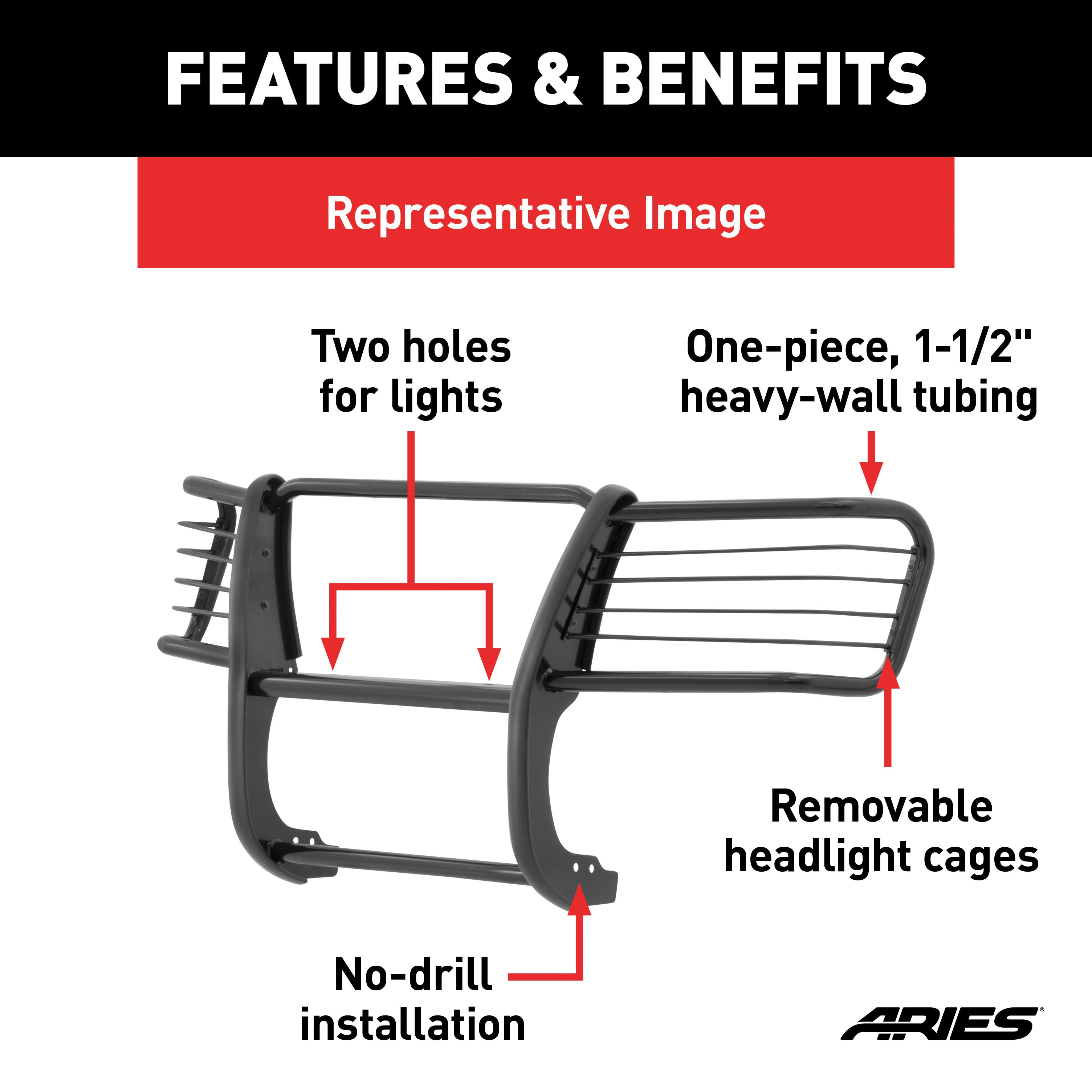 ARIES 4091 1-1/2-Inch Black Steel Grille Guard， No-Drill， Select Chevrolet Silverado 1500