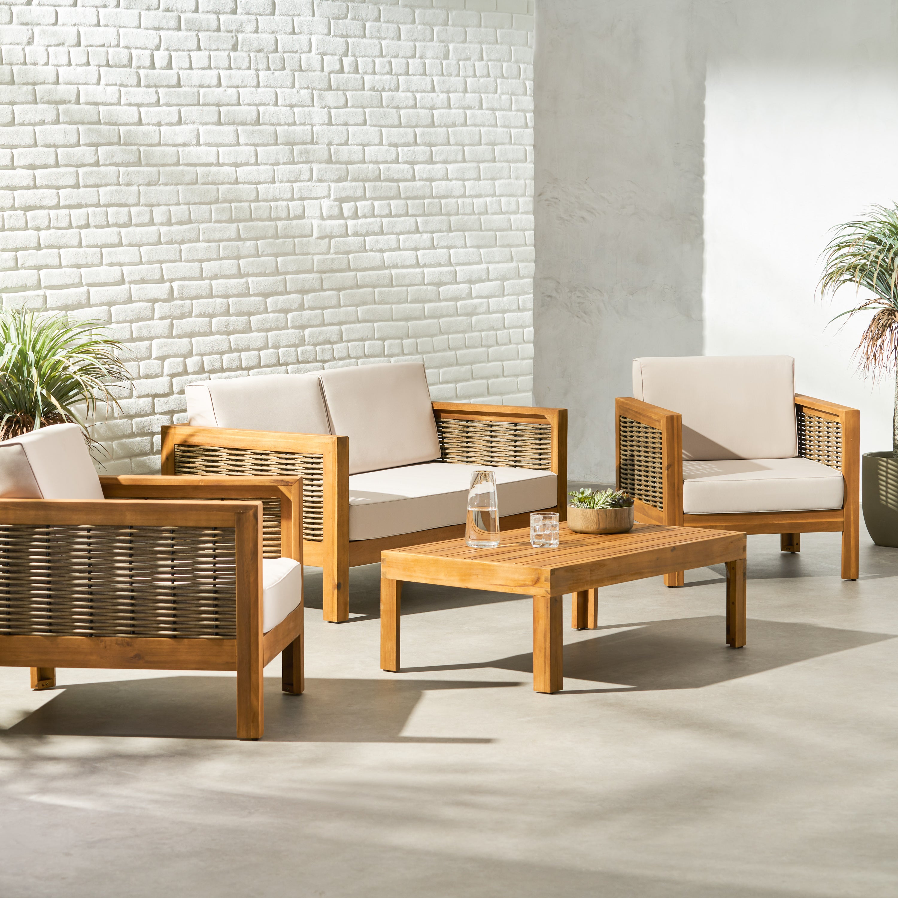 Mayes Outdoor 4 Seater Acacia Wood Chat Set with Wicker Accents