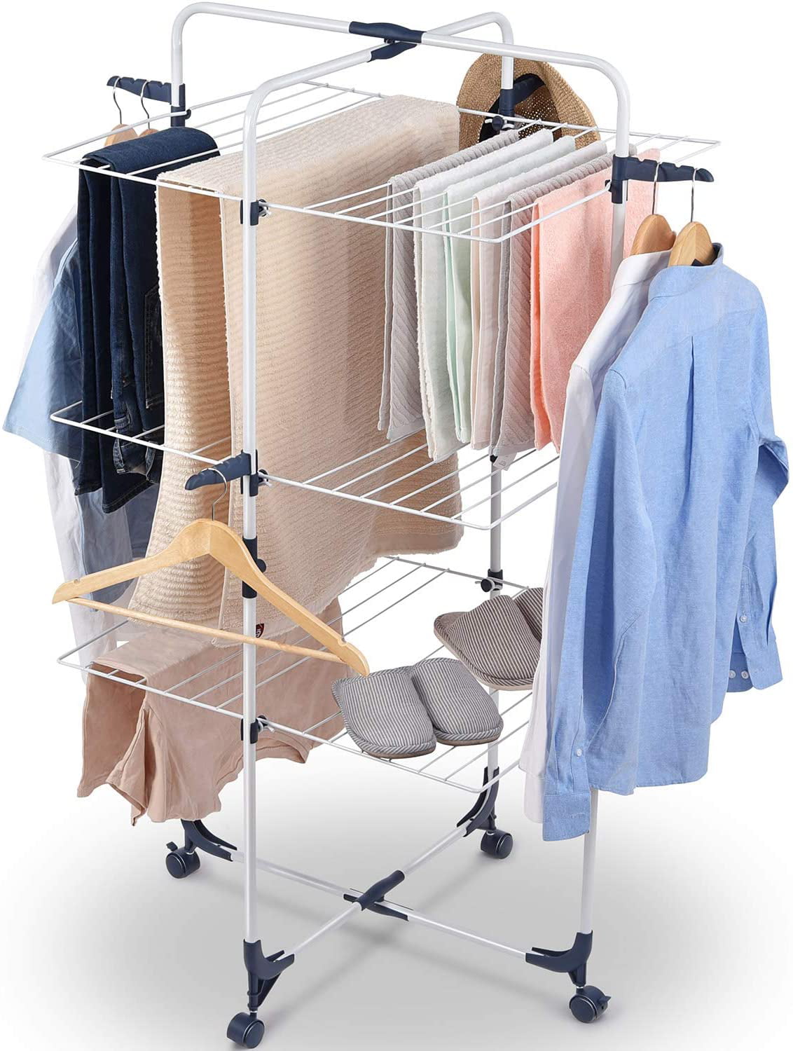 Kingrack Clothes Drying Rack, 3-Tier Folding Indoor Laundry Drying Rack with Wheels 4 Hooks, Metal, White