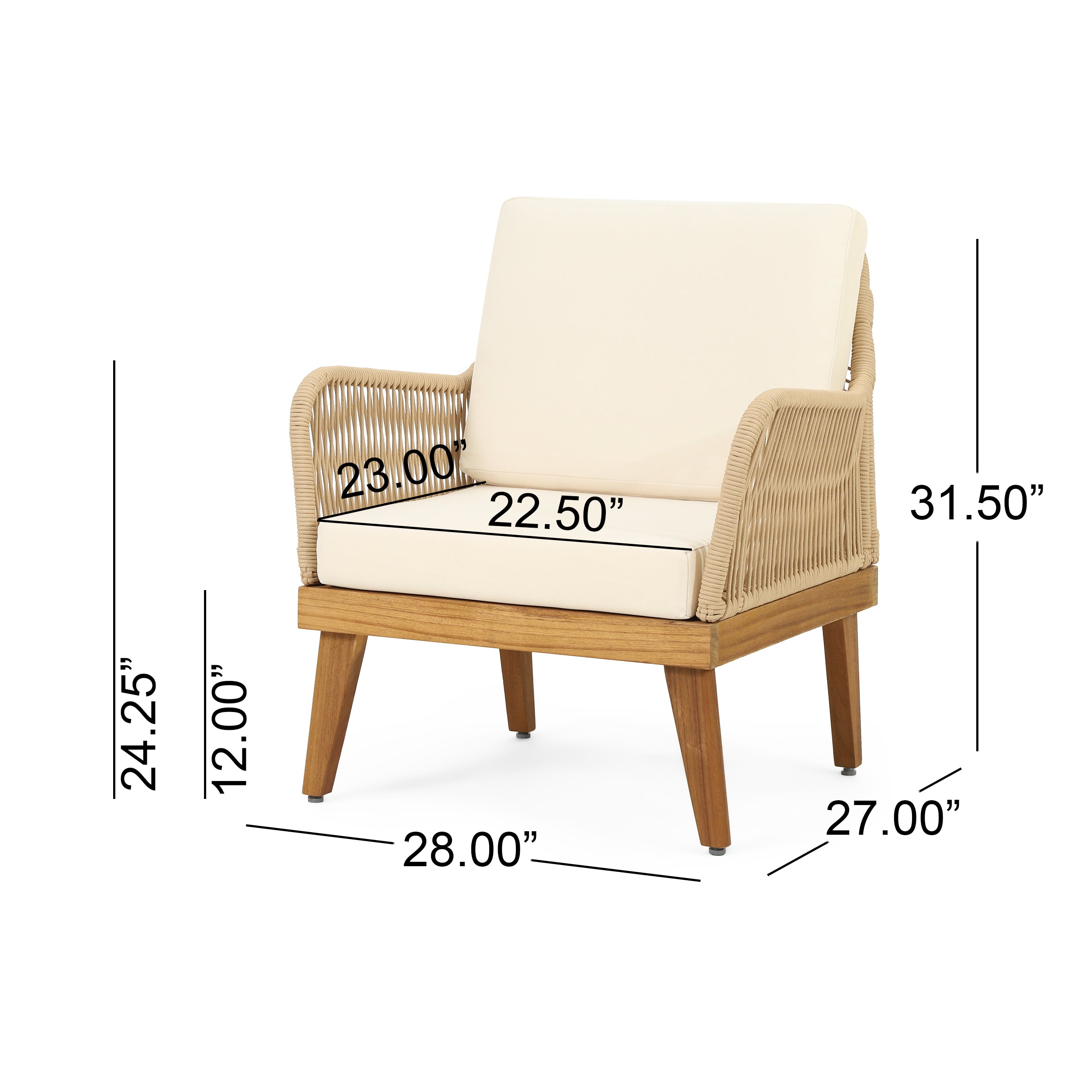 Hueber Outdoor Acacia Wood and Rope Club Chair with Cushions, Teak, Light Brown, and Beige