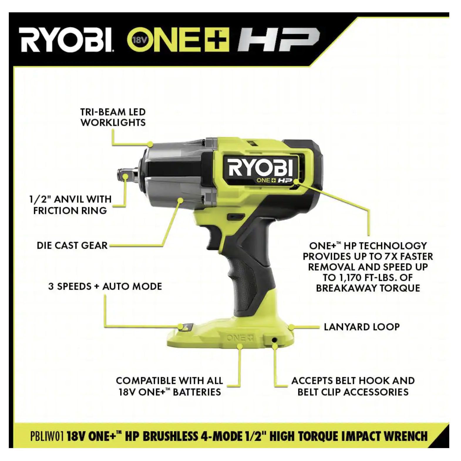 Ryobi One+ HP 18V Brushless Cordless 4-Mode 1/2 in. High Torque Impact Wrench， Tool Only (PBLIW01B)