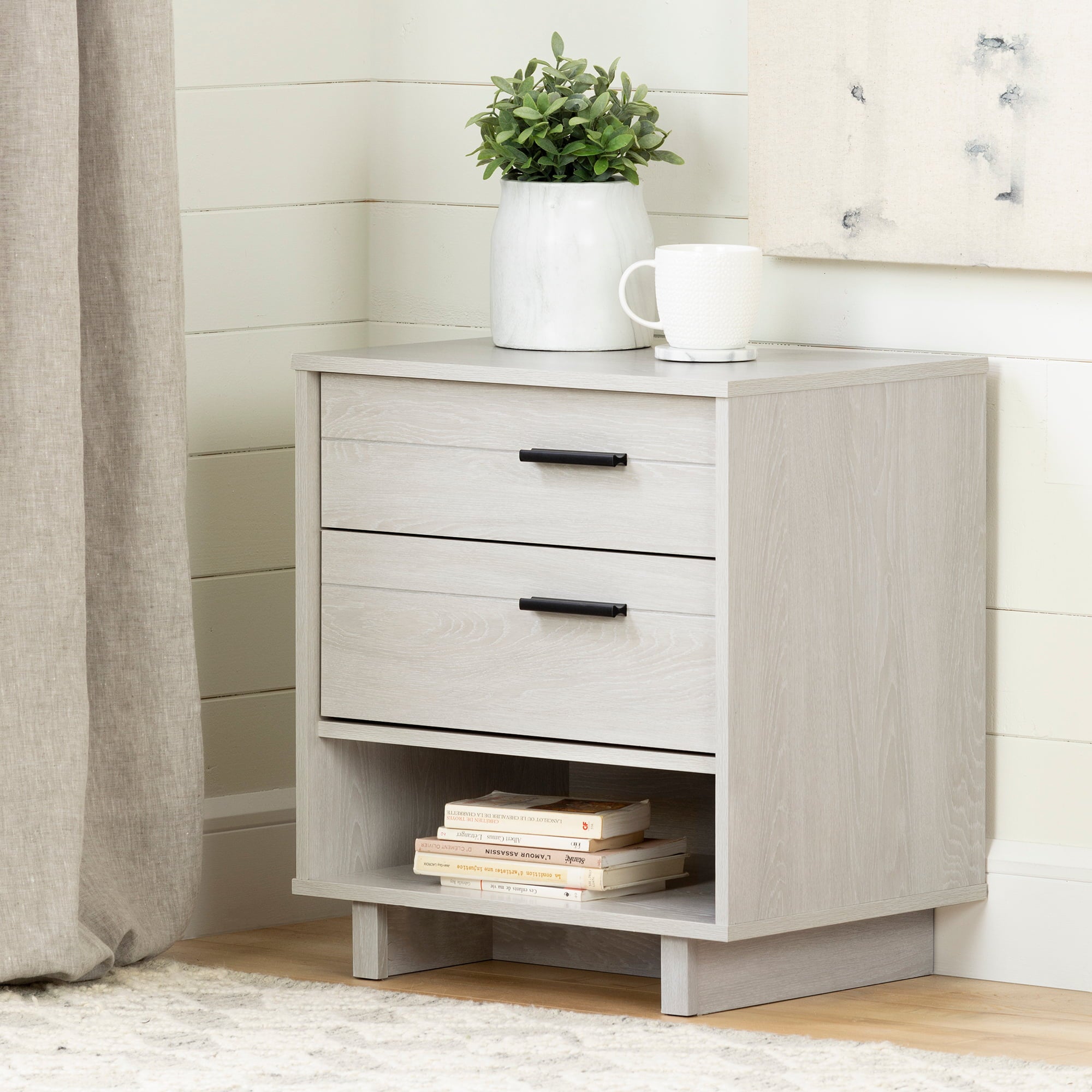 South Shore Fynn Nightstand with Drawers and Cord Catcher, Winter Oak