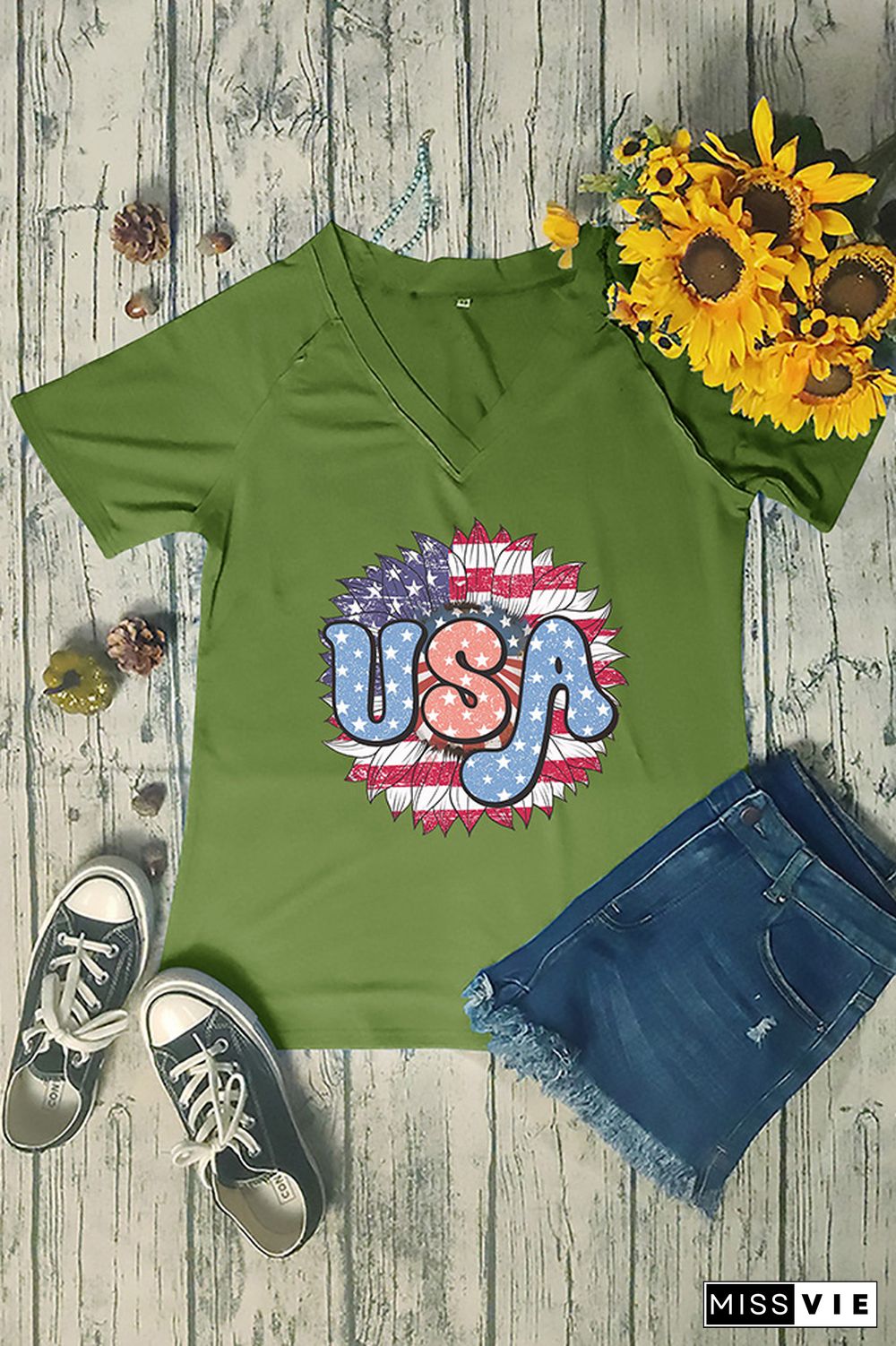 Independence Day US Flag Print V Neck Graphic Tee