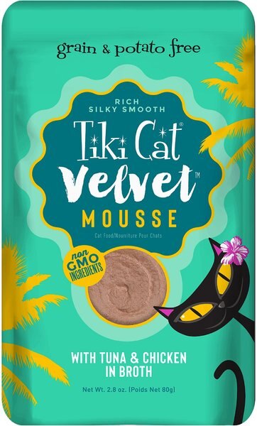 Tiki Cat Velvet Mousse Tuna and Chicken Grain-Free Wet Cat Food， 2.8-oz pouch， case of 12