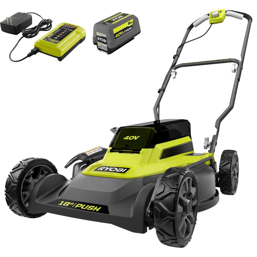 RYOBI 40-Volt 18 in. 2-in-1 Cordless Battery Walk Behind Push Lawn Mower with 6.0 Ah Battery and Charger RY401101