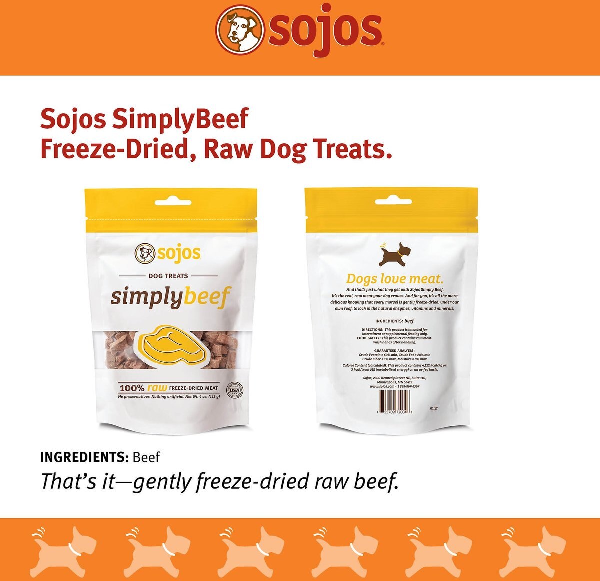 Sojos Simply Beef Freeze-Dried Dog Treats， 4-oz bag