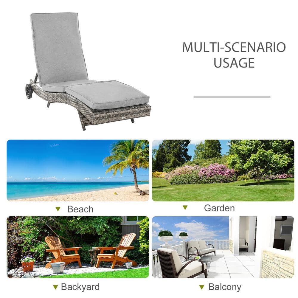 Outsunny Grey Metal Plastic Rattan Outdoor Chaise Lounge Chair with Grey Cushions, 2 Wheels and 5 Backrest Angles 862-030