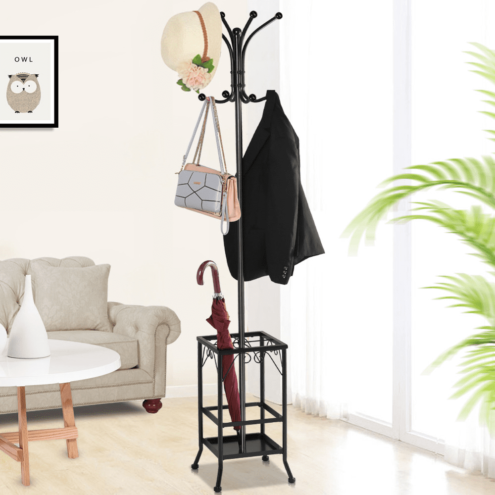 Yaheetech Metal Standing Coat Hat Rack with Umbrella Holder Coat Tree Hanger 8 Hook Solid Base