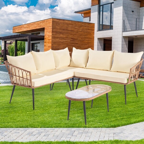 4-Piece Patio Furniture Set， Outdoor Wicker L-Shaped Sectional Set - 44.8”Wx44.8“Lx28.8”H - Overstock - 37567217