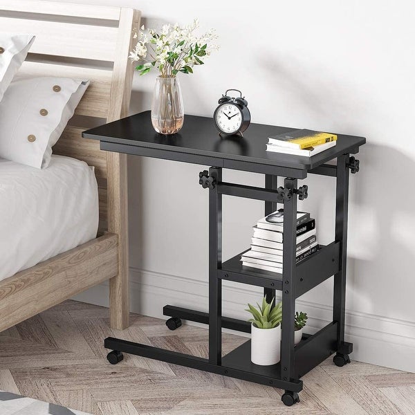 Height Adjustable C Table with Storage Shelves and Wheels， Mobile Sofa Side Table End Table Snack Table