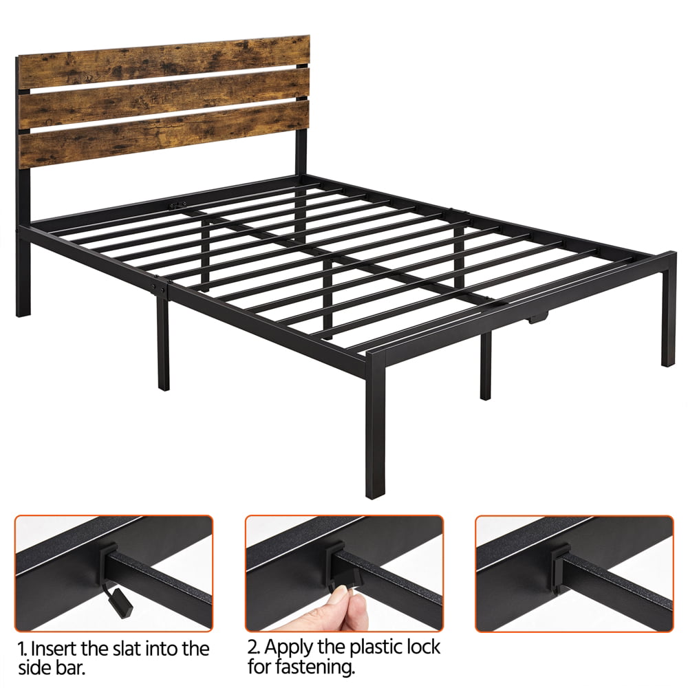 SMILE MART Wood Slat Headboard Black Metal Platform Full Bed, Brown Wood