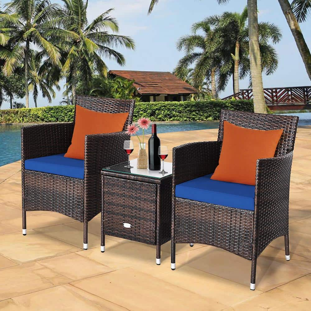 Gymax 3-Piece Rattan Patio Chair and Table Furniture Set Outdoor with Navy Cushion GYM07042