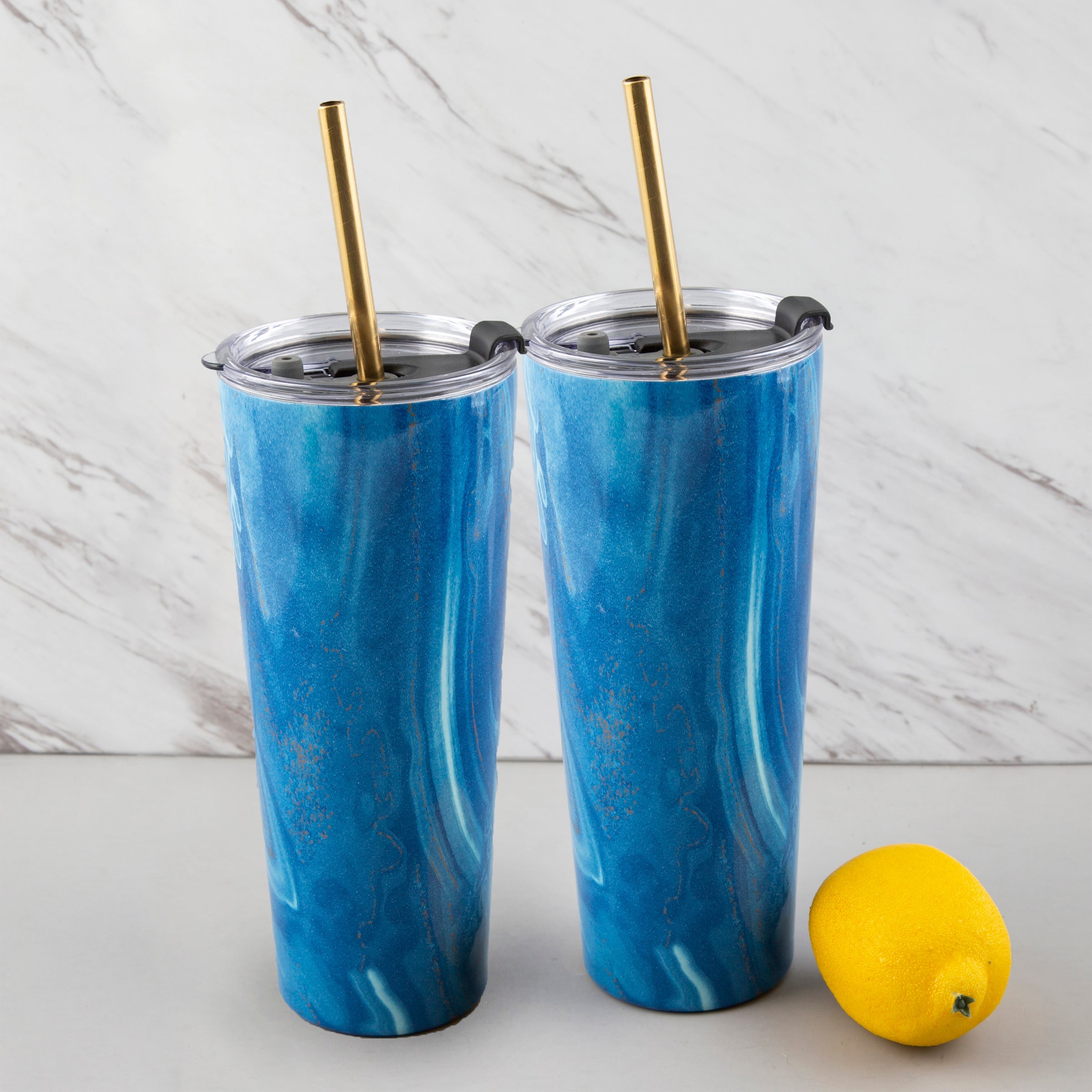 24 Oz Blue Geo Insulated Tumblers, Set Of 2