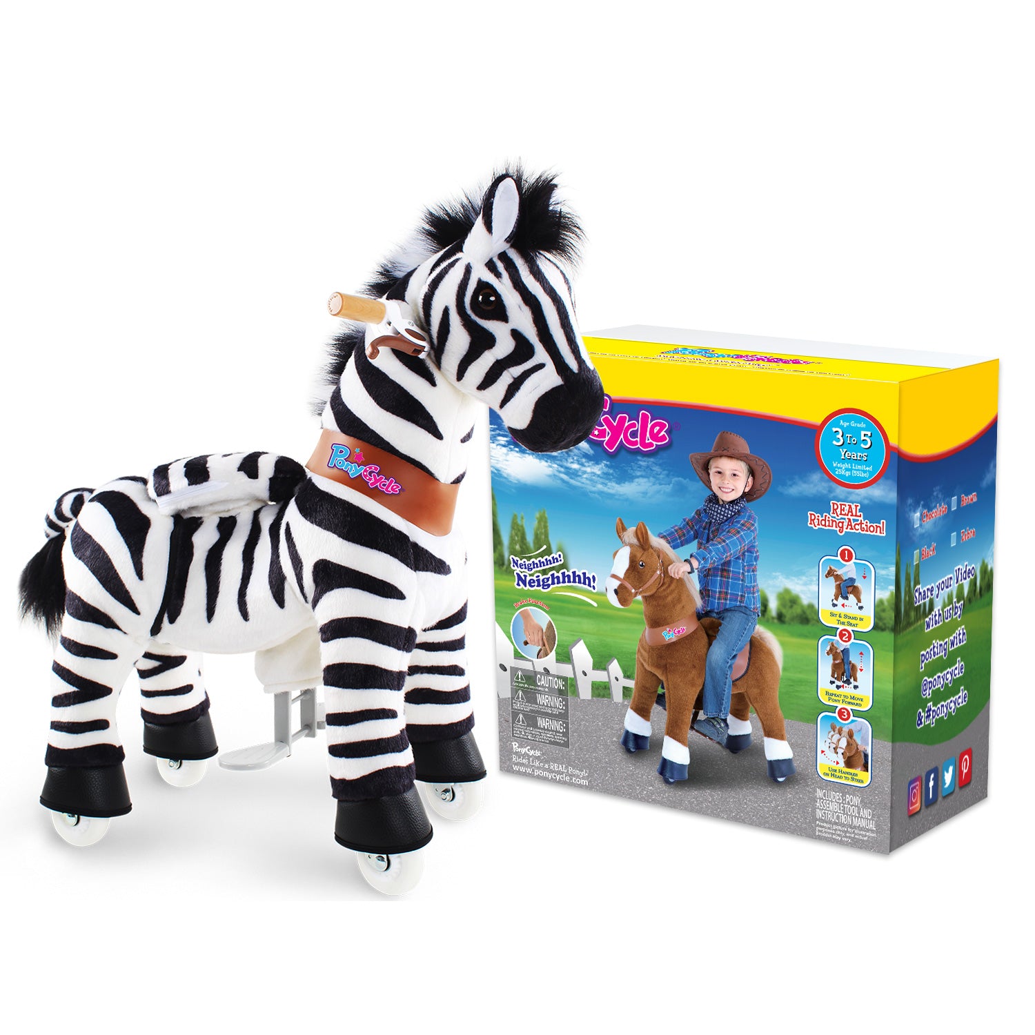 PonyCycle Ride on Zebra Toddler Ride on Toys (with Brake/ 30 Height/ Size 3 for Age 3-5) Pony Cycle Ride on Horse Mechanical Animals Toys Zebra Model Ux368