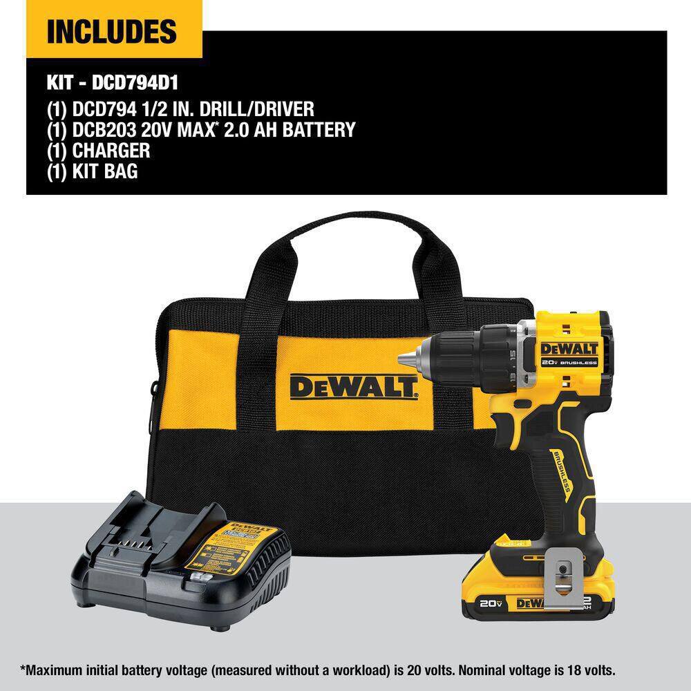 DW ATOMIC 20-Volt Lithium-Ion Cordless Compact 12 in. DrillDriver Kit with 2.0Ah Battery Charger and Bag DCD794D1