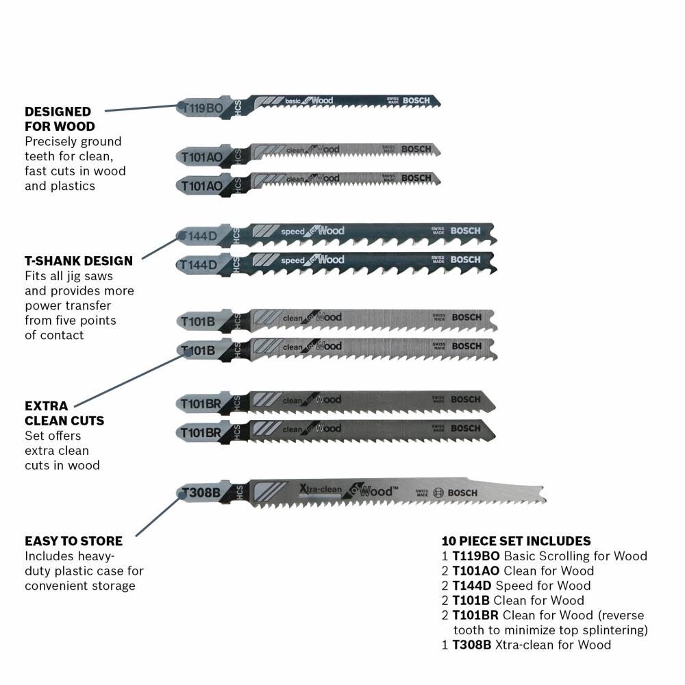 Bosch Jig Saw Blade Set 10pc T Shank for Extra Clean Wood Cutting T10RC from Bosch