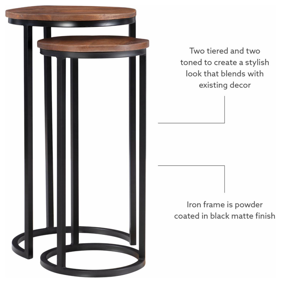 Set of 2 Nesting Side Table  Ringed Metal Base With Round Mango Wood Top  Brown   Industrial   Coffee Table Sets   by Decor Love  Houzz