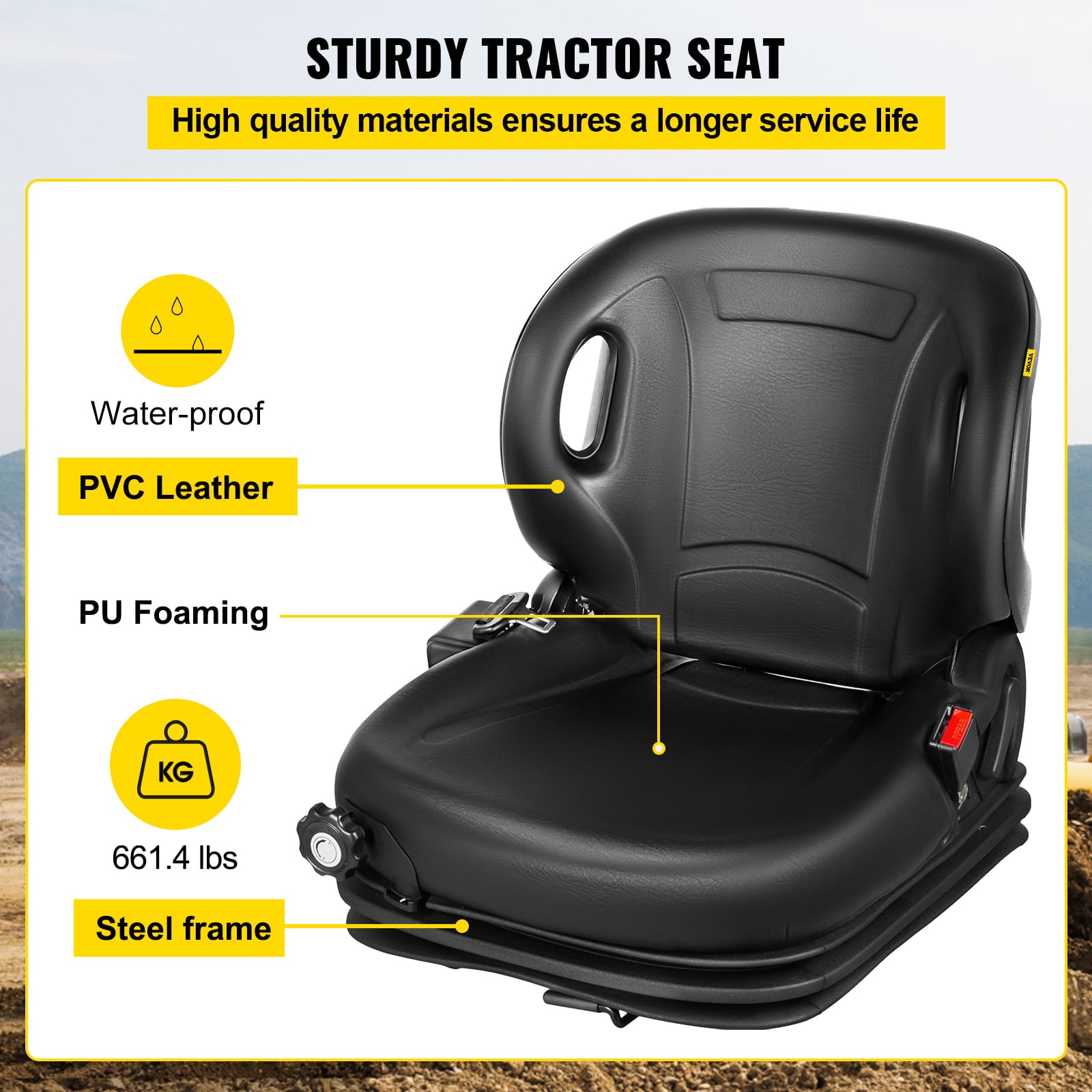 VEVOR Tractor Seat， Suspension Seat with 70° Adjustable Backrest， Forklift Seat Compatible With Toyota Tractors， Forklifts， Suspension Tractor Seat and Forklift Seat with Seat Belt for Replacement