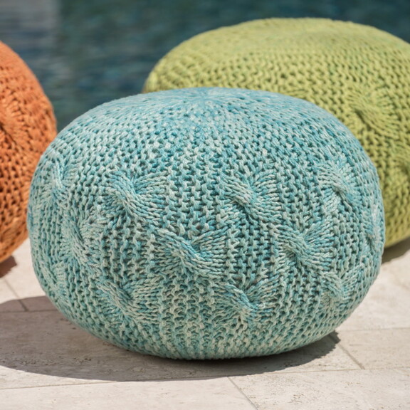 Deon Handcrafted Modern Fabric Weave Pouf  Aqua