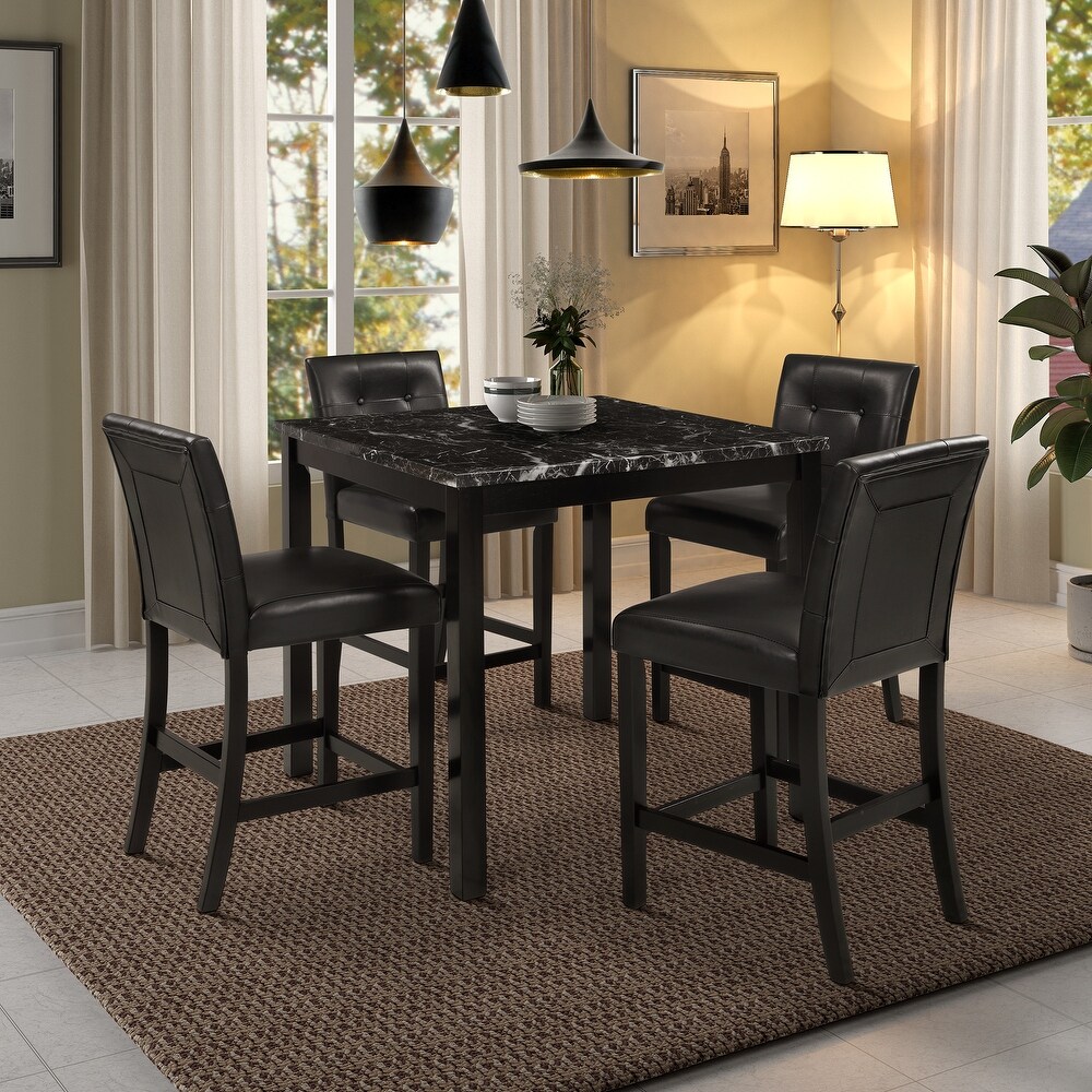 Modern 5 Piece Solid Wood Dining Set with Marbleized Wooden Table and 4 Tufted Leather Upholstery Chairs