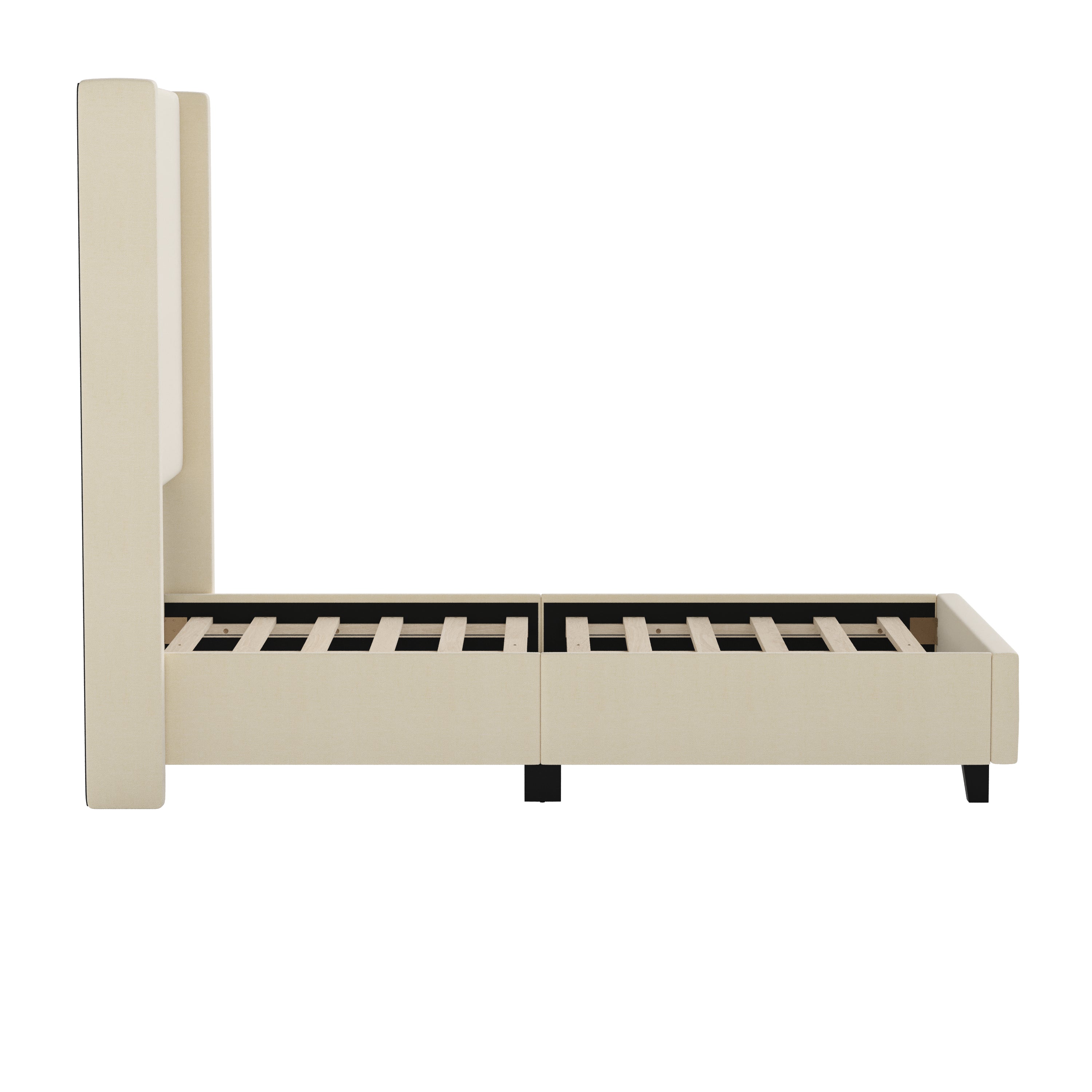 Merrick Lane Modern Twin Size Platform Bed Frame with Padded Faux Linen Upholstered Wingback Headboard and Wood Support Slats in Beige