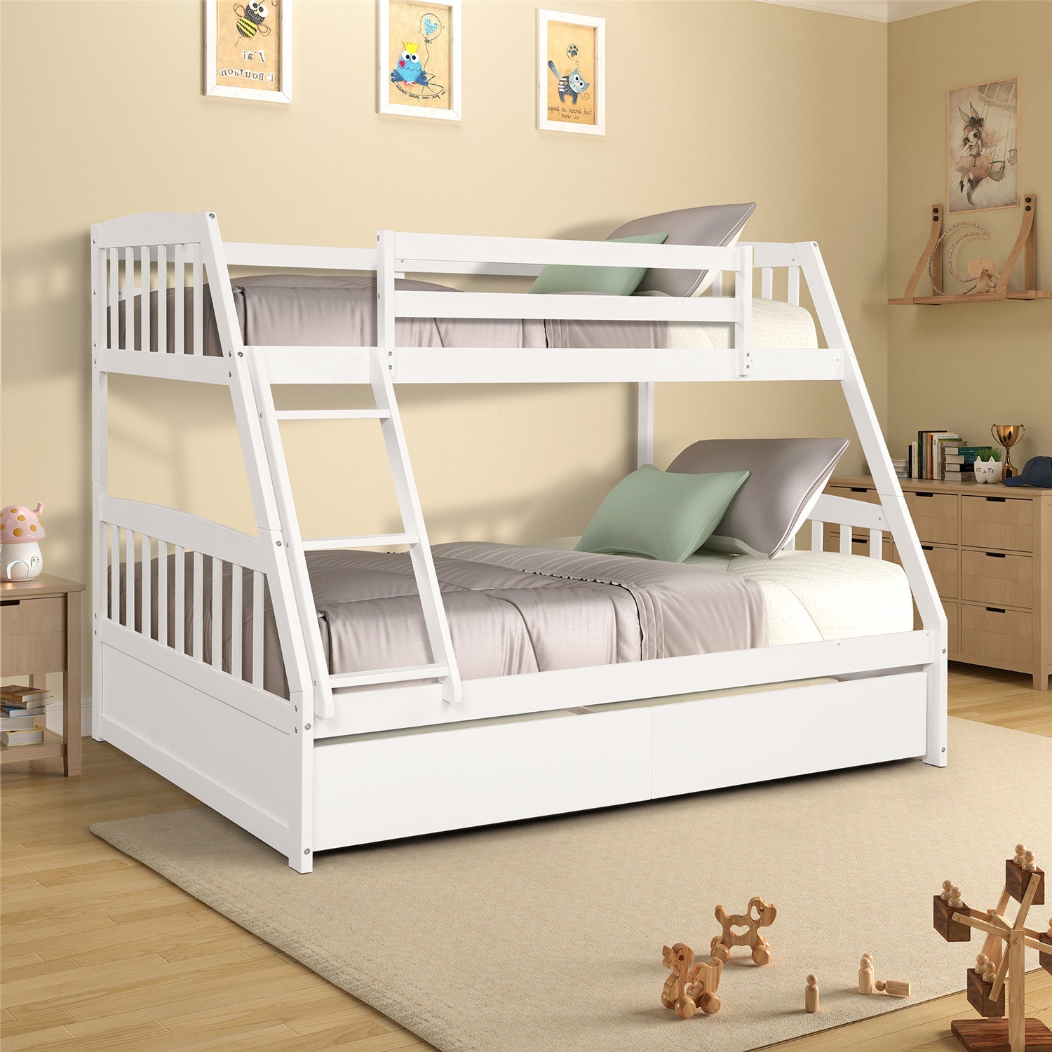 Twin Over Full Bunk Bed with Two Storage Drawers, Pinewood Bed Frame and Ladder with Guard Rails for Toddlers, Kids, Teens, Boys and Girls, White