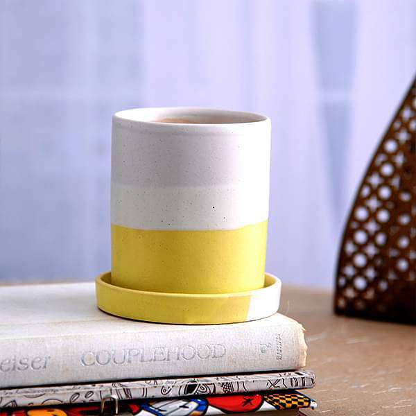 3.1 inch (8 cm) CP046 Cylindrical Ceramic Pot with Plate (White, Yellow) (set of 2)