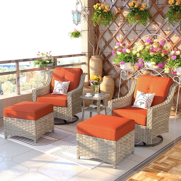 OVIOS 5 Pieces Outdoor Wicker Curved Swivel Chair Set With Ottoman