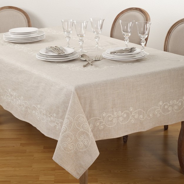 Saro Lifestyle Embroidered Swirl Natural Linen Blend Tablecloth