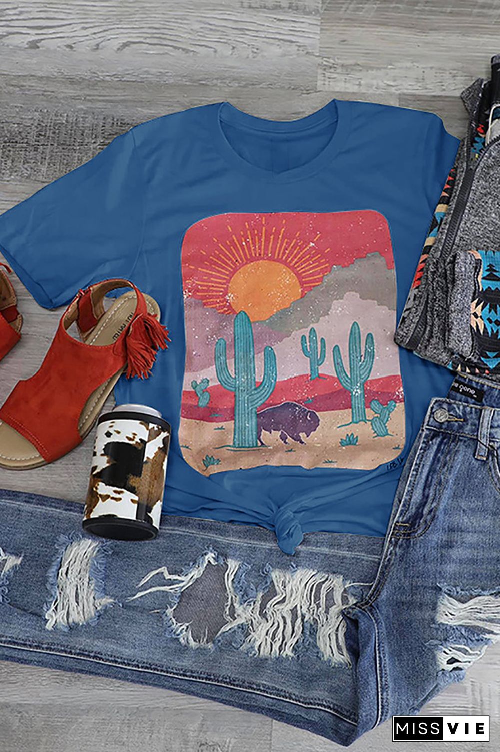 Cactus and Desert Print Graphic Tees for Women Wholesale Short Sleeve T shirts Top