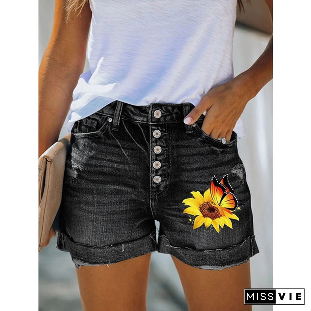 4 Summer Women Hot Shorts Sunflower Butterfly Print Denim Shorts Skinny Jeans Shorts