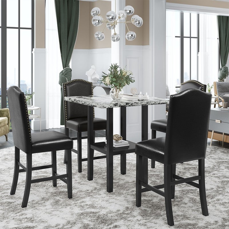 5 piece kitchen table， faux marble countertop， bottom shelf and 4 black leather upholstered chairs