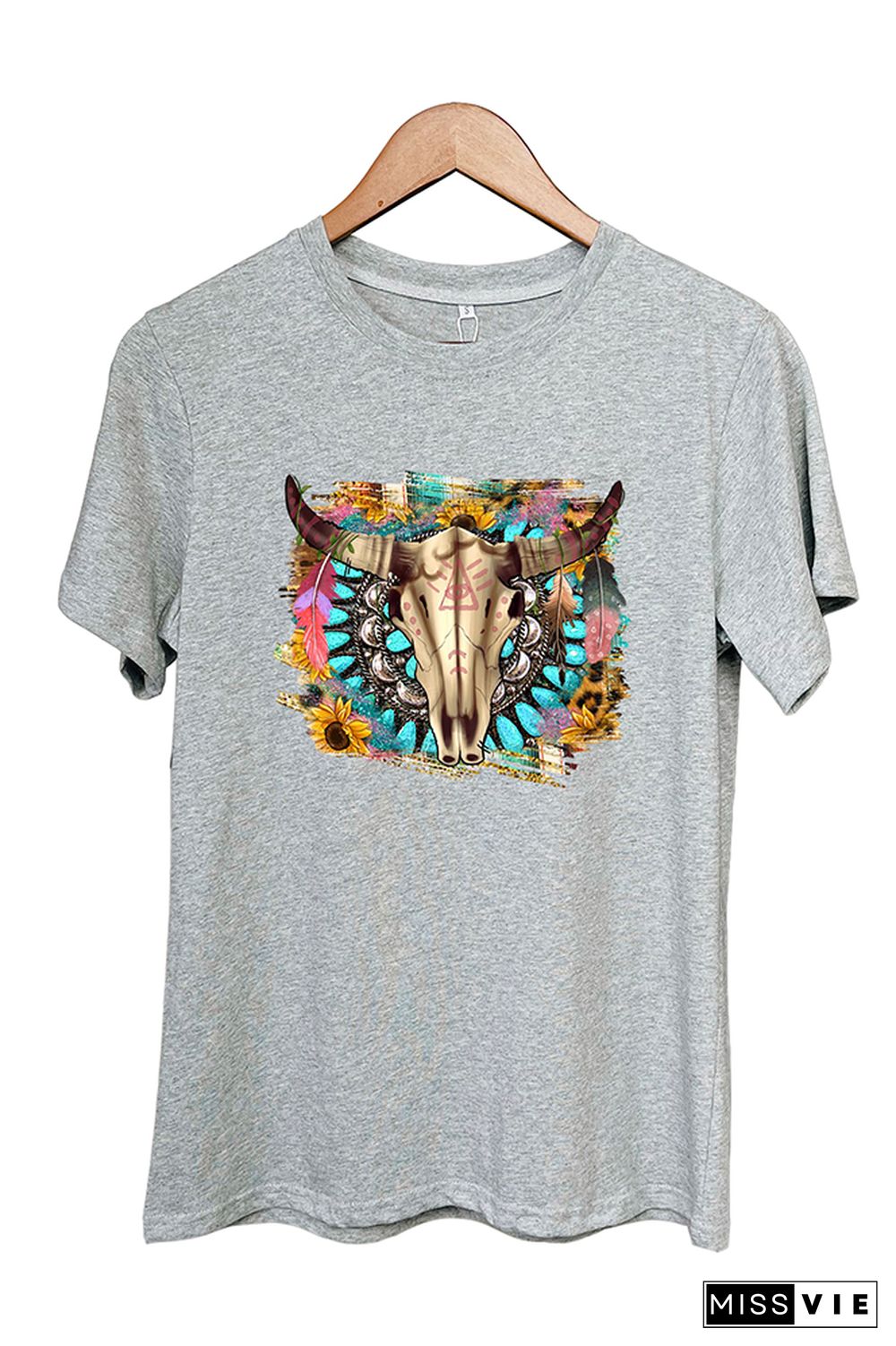 Western Boho Skull Pngturquoise And Leopard Short Sleeve Graphic Tee Wholesale