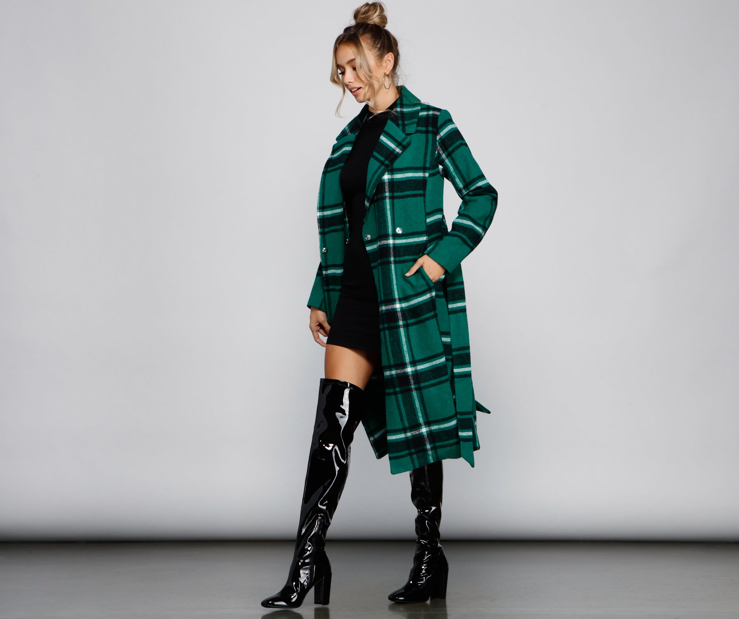 Polished In Plaid Belted Trench Coat