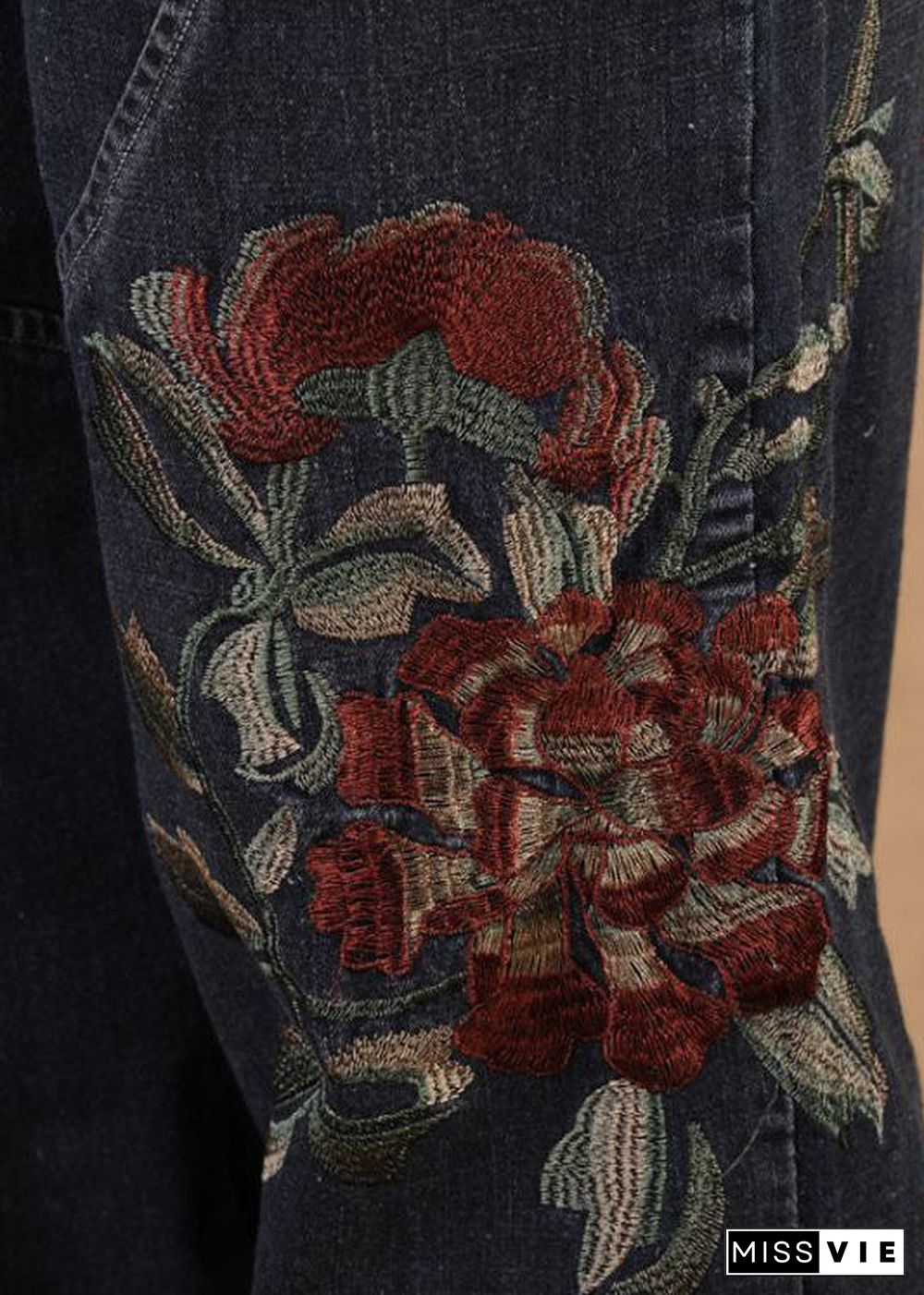 Elegant Black Grey Elastic Waist Embroideried Pockets Cotton Denim Lantern Pants Summer