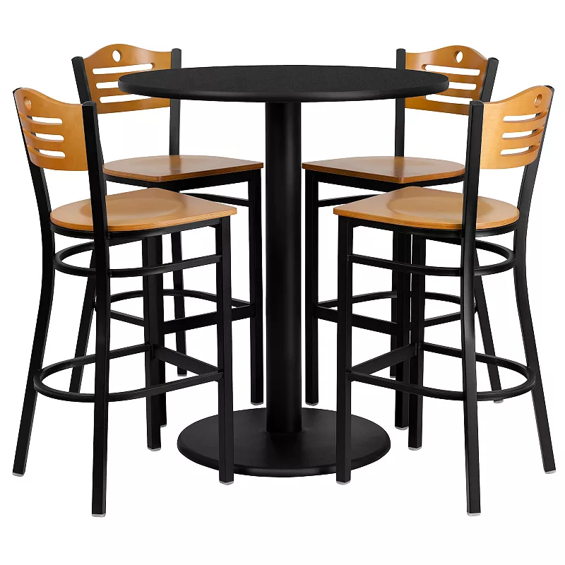 Emma and Oliver 36 Round Black Laminate Table Set， 4 Wood Slat Back Metal Stools