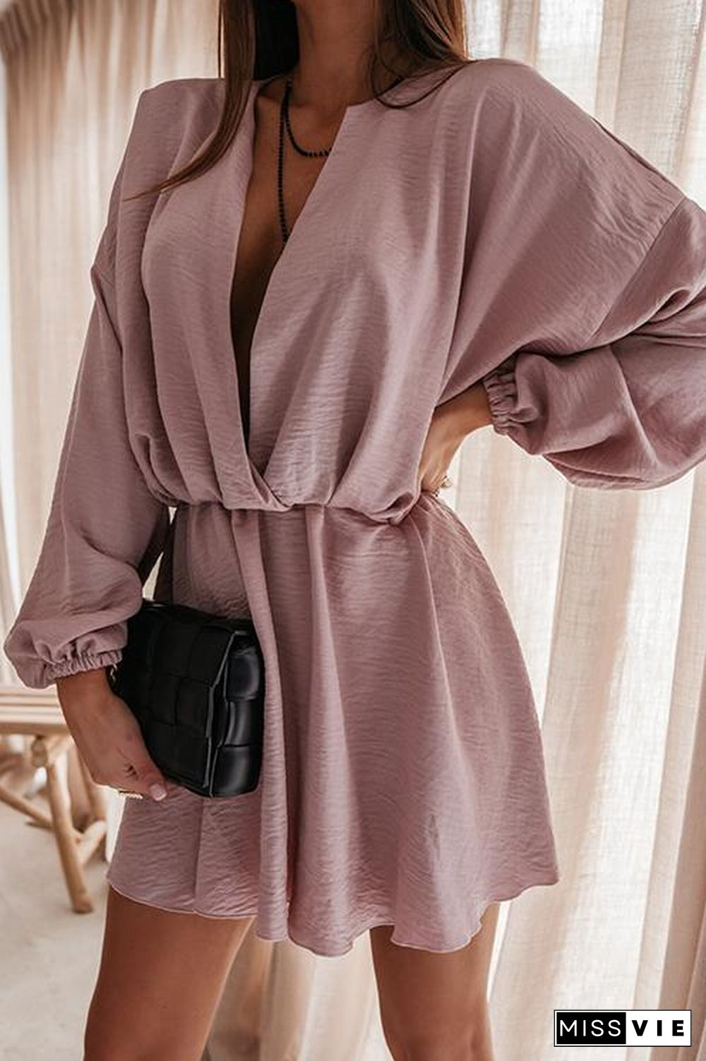 V Neck Loose Long Sleeve Mini Dress