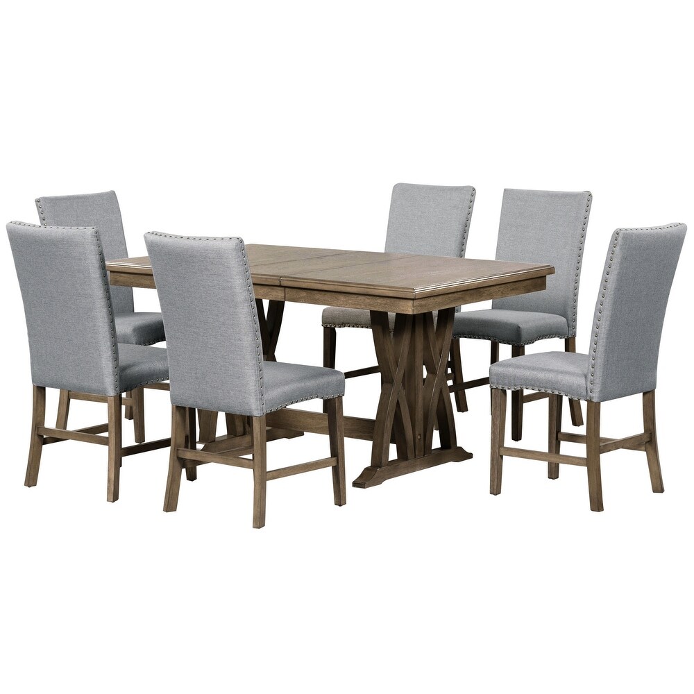 Retro Solid Wood Extendable Dining Table Set for 6 with Upholstered Chairs