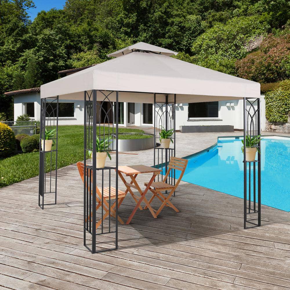 LAUREL CANYON 8 ft x 8 ft Beige Soft Top Steel Outdoor Patio Gazebo with Shelves