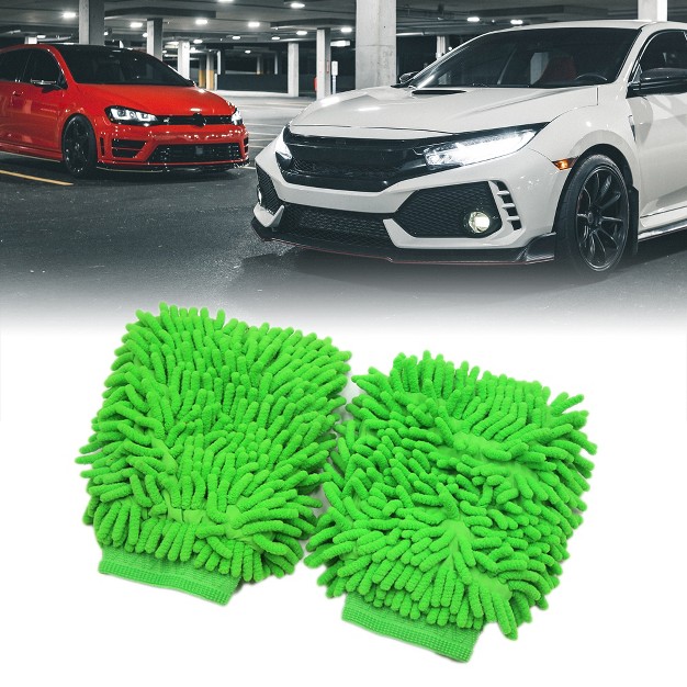 Unique Bargains 2pcs Green Microfiber Chenille Washing Cleaning Glove Mitten For Car Body Home