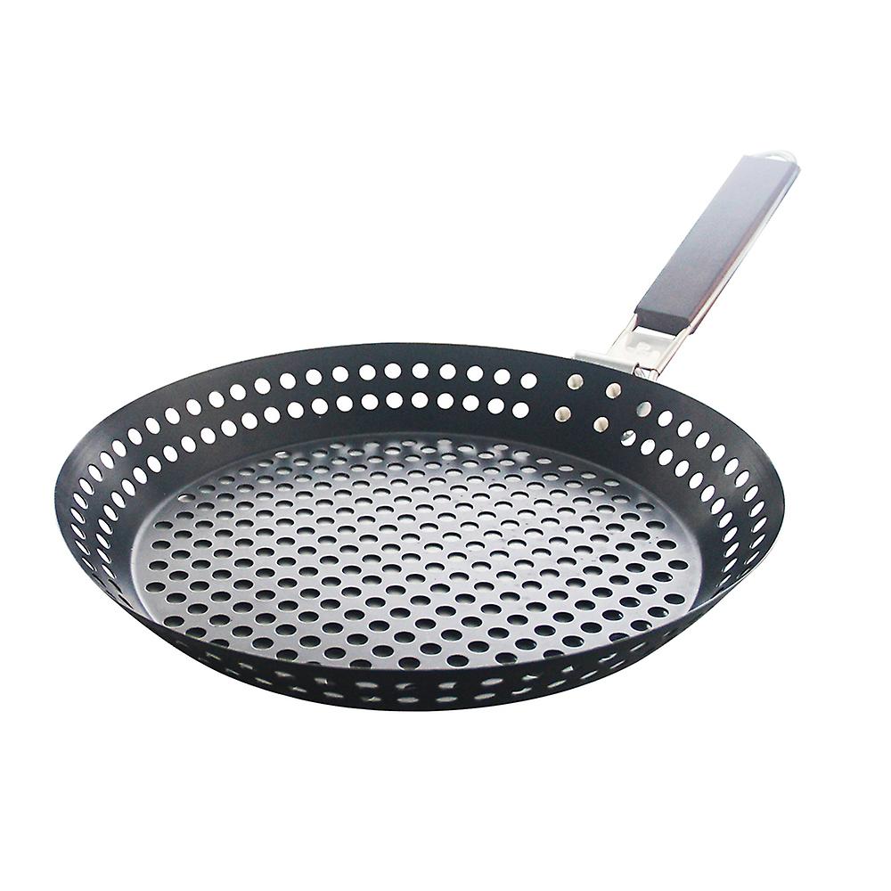 Multicolor Non-stick Metal Grilling Skillet With Folding Wooden Handle Grill Skillet Pan With Holes Removable Handle For Outdoor Grill Topper Barbecue