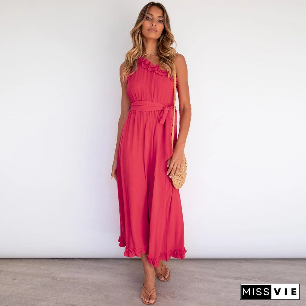 One Shoulder Tie Waist Maxi Dress