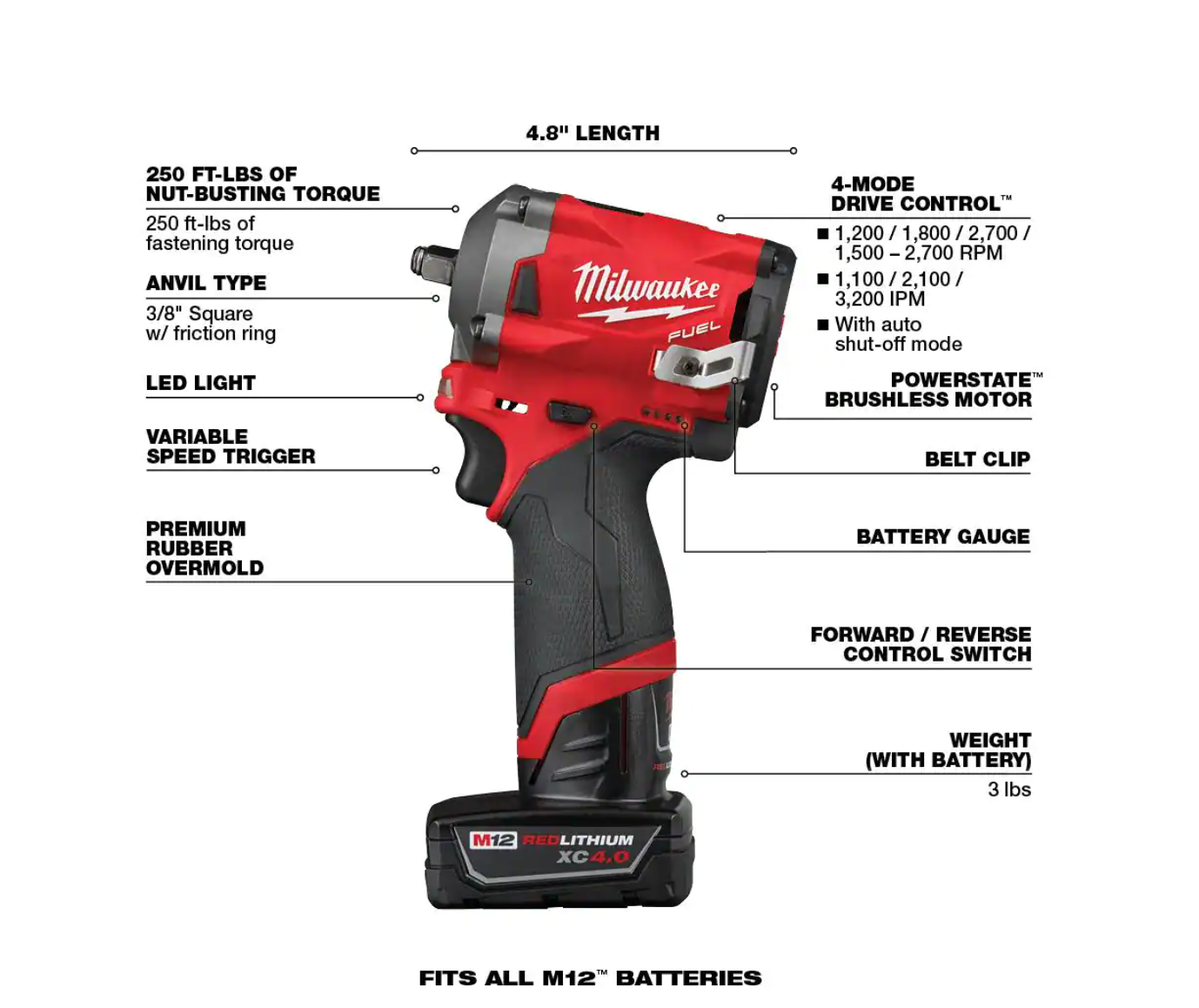 Milwaukee 2554-22 M12 FUEL 12V Lithium-Ion Brushless Cordless Stubby 3/8 in. Impact Wrench Kit with One 4.0 and One 2.0Ah Batteries